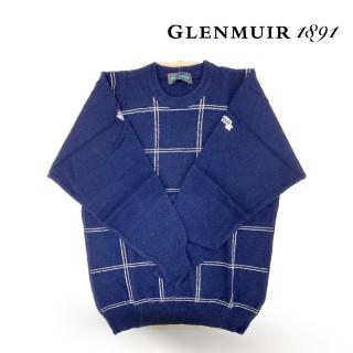 【Glenmuir】深藍圓領方格毛衣(針織衫 毛衣 長袖毛衣 線衫)