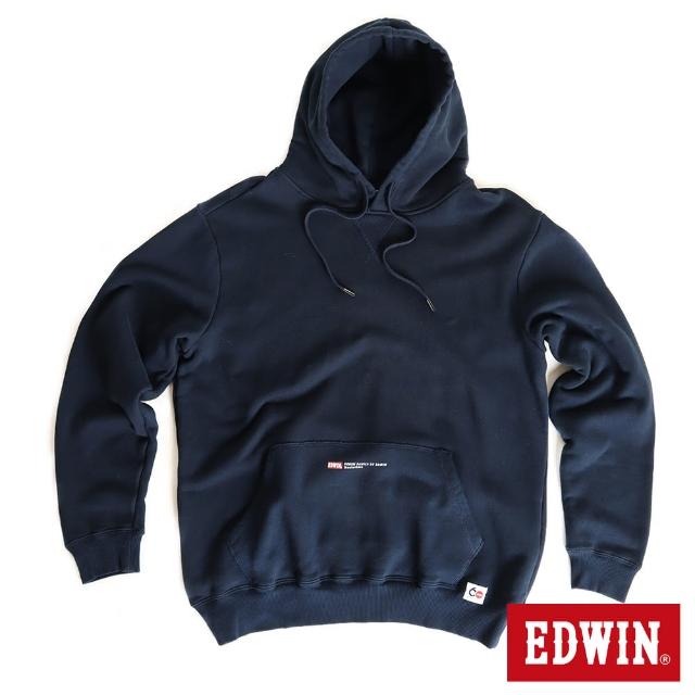 【EDWIN】男裝 60週年 W毛筆連帽長袖T恤(丈青色)