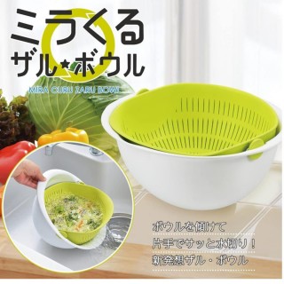 【AKEBONO 曙產業】日本製 180度翻轉洗菜籃 洗米籃 155101(綠色 28CM 3.2L 可用洗碗機清洗)