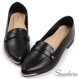 【SANDARU 山打努】樂福鞋 簡約金飾真皮墊尖頭平底鞋(黑)