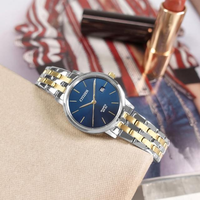 【CITIZEN 星辰】簡約優雅 礦石強化玻璃 日期 不鏽鋼手錶 藍x鍍金 28mm(EU6096-58L)