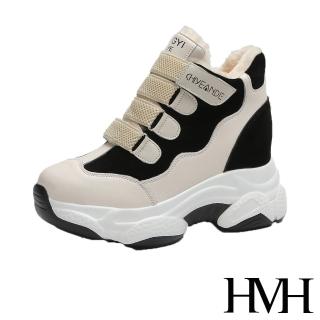 【HMH】復古異材質拼接魔鬼粘造型厚底時尚內增高休閒鞋(米)