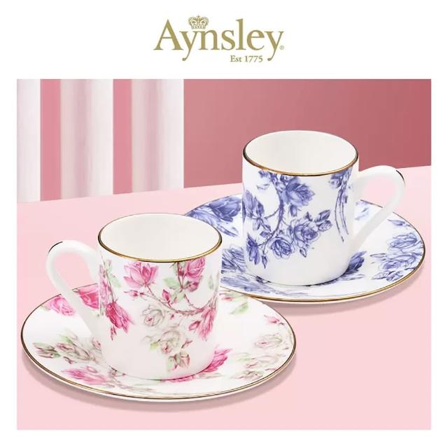 【英國Aynsley】紅玫瑰／藍玫瑰 骨瓷義式咖啡杯盤組 80ml(2款) 喬遷禮 入厝禮 母親節