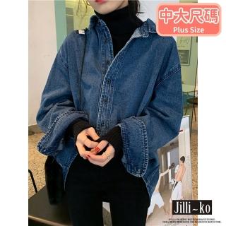 【JILLI-KO】韓版大碼設計感寬版復古牛仔襯衫-F(深藍)