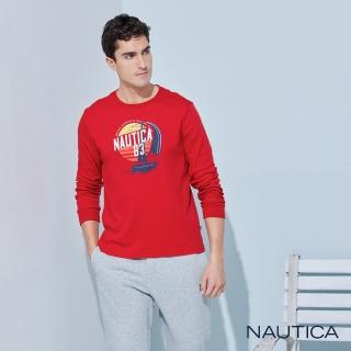 【NAUTICA】男裝 復古帆船圖騰印花長袖T恤(紅)