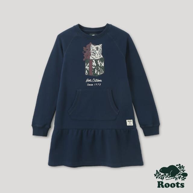 【Roots】Roots大童-經典傳承系列 禮物盒貓咪長袖洋裝(深藍色)