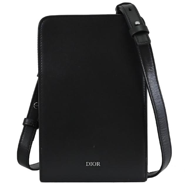 【Dior 迪奧】簡約品牌金屬LOGO小牛皮硬式方包手機包斜背包(黑)