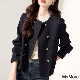 【MsMore】韓版時尚休閒寬鬆小香風雙排扣長袖短版大衣外套#113988現貨+預購(黑色)