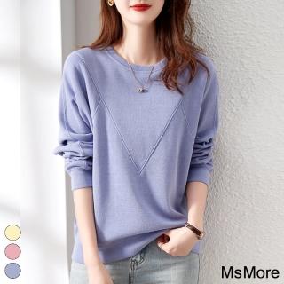 【MsMore】簡約少女顯瘦粉嫩系圓領寬鬆長袖短版上衣#115537(3色)