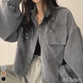【ACheter】韓版秋季學生休閒短款收腰寬鬆燈芯絨雙口袋襯衫短版外套上衣#114023現貨+預購(3色)