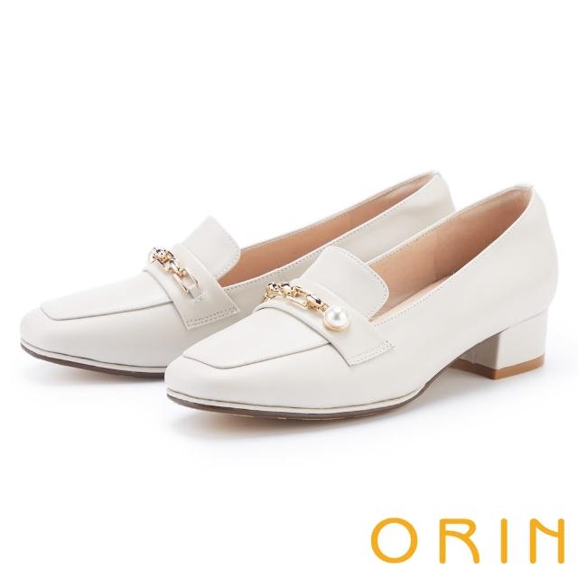 【ORIN】珍珠金屬鍊真皮方頭中跟鞋(白色)