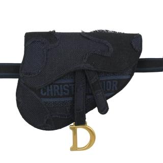 【Dior 迪奧】電繡LOGO不規財剪裁丹寧帆布迷你翻蓋腰包胸口包(深藍)