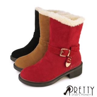 【Pretty】中筒雪靴 短靴 保暖 刷毛內裡 絨面(紅色、棕色、黑色)