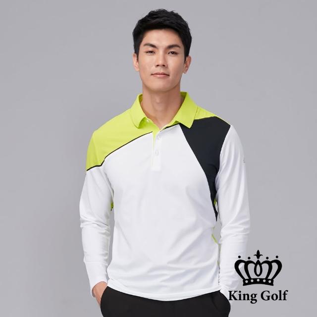 【KING GOLF】速達-袖口LOGO印圖拼接撞色薄款長袖POLO衫(綠色)