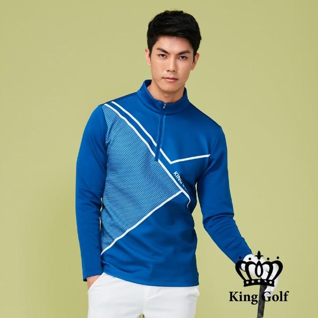 【KING GOLF】速達-菱形印圖小立領拉鍊厚款長袖POLO衫(藍色)
