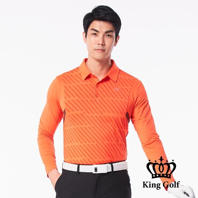 【KING GOLF】速達-皇冠印花腋下拼接撞色薄款長袖POLO衫(橘紅)
