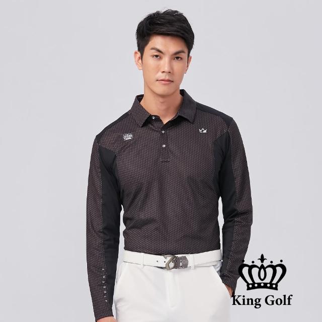 【KING GOLF】速達-蜂巢滿版印花拼接撞色薄款長袖POLO衫(黑灰)