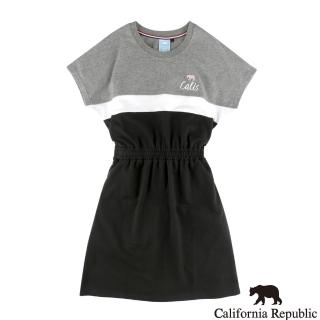 【California Republic】小熊美式簡約三色拼接彈性縮腰女洋裝