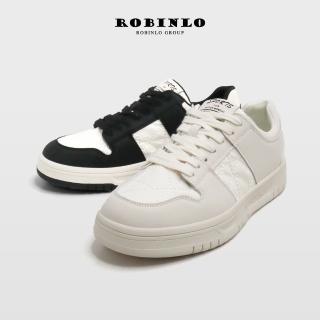 【Robinlo】復古拼接爆裂紋真皮休閒鞋小白鞋EVERLY(酷勁黑白/雪白奶霜)