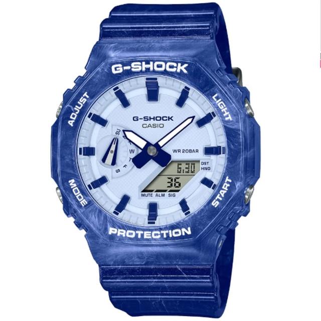 【CASIO 卡西歐】G-SHOCK 經典青花瓷八角雙顯腕錶-GA-2100BWP-2A