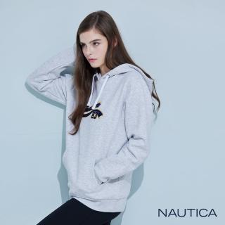 【NAUTICA】女裝 品牌LOGO拼接刷毛連帽T恤(灰白)