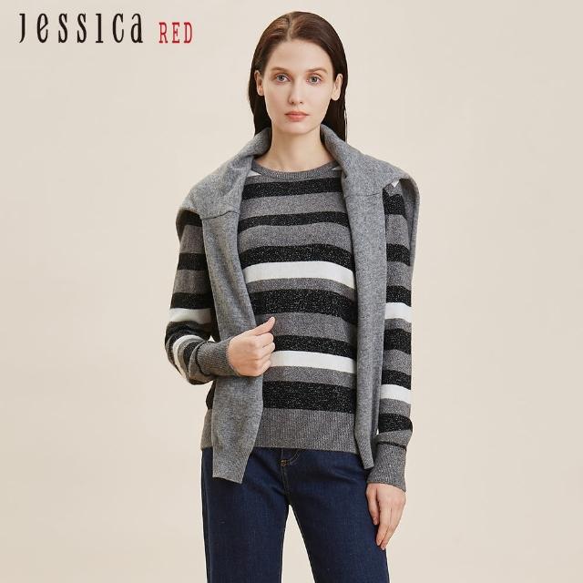 【Jessica Red】經典百搭黑白灰條紋圓領針織衫824553