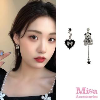 【MISA】韓國設計S925銀針不對稱金屬可愛小熊愛心造型耳環(S925銀針耳環 不對稱耳環 小熊耳環)