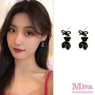 【MISA】韓國設計S925銀針可愛黑色蝴蝶結小熊造型耳環(S925銀針耳環 蝴蝶結耳環 小熊耳環)