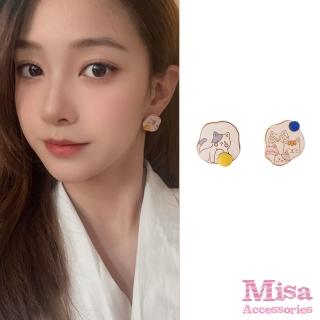 【MISA】韓國設計S925銀針不對稱可愛貓咪圖樣耳釘(S925銀針耳釘 不對稱耳釘 貓咪耳釘)
