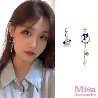 【MISA】韓國設計S925銀針不對稱可愛兔子流蘇蝴蝶結造型耳環(S925銀針耳環 不對稱耳環 蝴蝶結耳環)