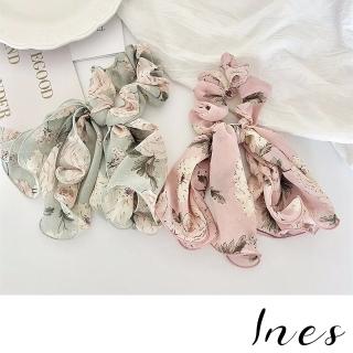 【INES】雪紡髮圈 印花髮圈/韓國設計浪漫法式雪紡印花鎖邊飄帶大腸圈 髮圈 髮繩(4色任選)