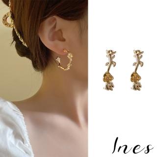 【INES】韓國設計S925銀針復古玫瑰花朵大C圈造型耳環(S925銀針耳環 玫瑰耳環 C圈耳環)