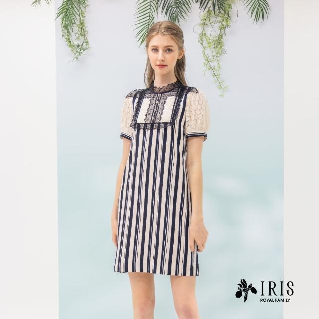 【IRIS 艾莉詩】復古蕾絲剪接條紋洋裝-2色(26651)