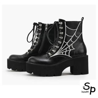 【Sp house】流線條設計款粗跟厚底綁帶短靴(黑色)