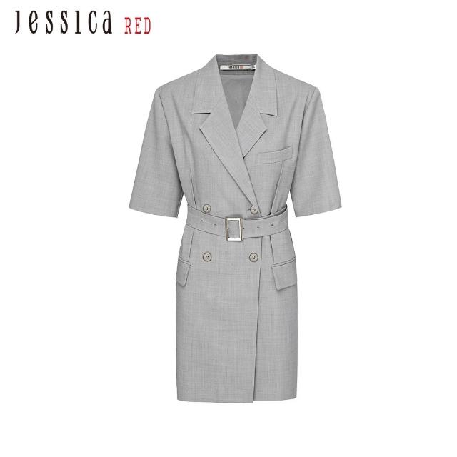 【Jessica Red】時尚個性雙排扣短袖西裝洋裝82417P（灰）