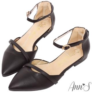 【Ann’S】柔美心動-造型斜帶顯瘦繞踝尖頭平底鞋(黑)
