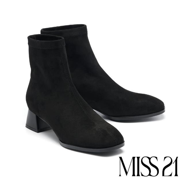 【MISS 21】簡約風格彈力純色方頭高跟短靴(黑)