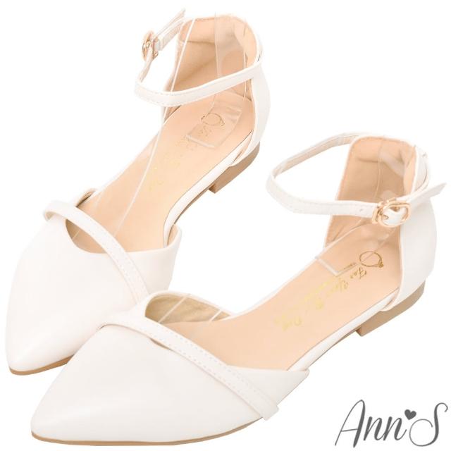 【Ann’S】柔美心動-造型斜帶顯瘦繞踝尖頭平底鞋(白)