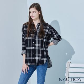 【NAUTICA】女裝 經典格紋休閒長版襯衫(黑色)