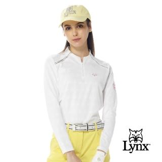 【Lynx Golf】女款吸濕排汗千鳥紋緹花布料LOGO針織帶剪裁設計長袖立領POLO衫/高爾夫球衫(白色)