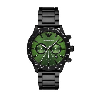 【EMPORIO ARMANI】紳士典藏三眼腕錶-黑X綠(AR11472)