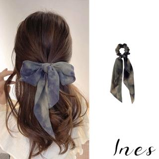 【INES】多戴法髮圈/韓國設計法式復古水墨印染飄帶多戴法設計大腸圈 髮圈(3色任選)