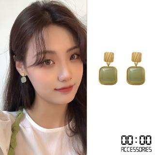 【INES】韓國設計S925銀針幾何方型綠寶石造型耳環(S925銀針耳環 方型耳環 綠寶石耳環)