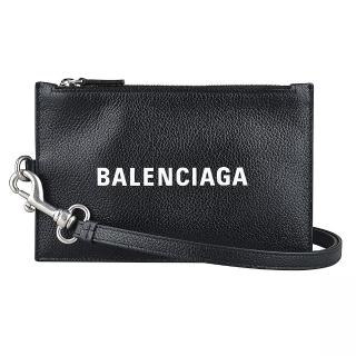 【Balenciaga 巴黎世家】經典標誌白字LOGO牛皮手拿證件零錢包(黑)