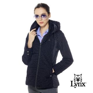 【Lynx Golf】女款保暖舒適大千鳥格紋剪裁配布設計鏡面釘扣拉鍊口袋長袖可拆式連帽外套(黑色)