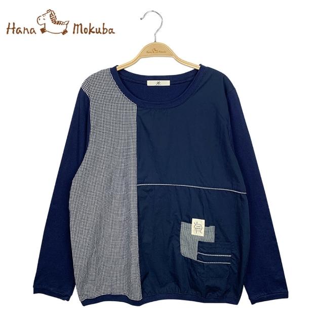 【Hana Mokuba】花木馬日系女裝針梭織拼接不對稱設計休閒圓領T恤(T恤)