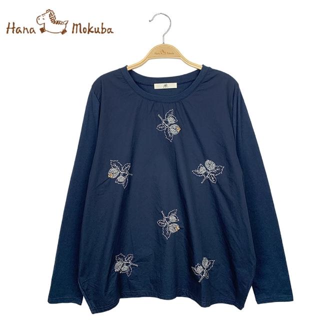 【Hana Mokuba】花木馬日系女裝長袖圓領針梭織拼接細緻刺繡T恤(T恤)