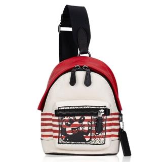 【COACH】迪士尼 x Keith Haring聯名款紅白條紋米奇塗鴉斜背包/後背包