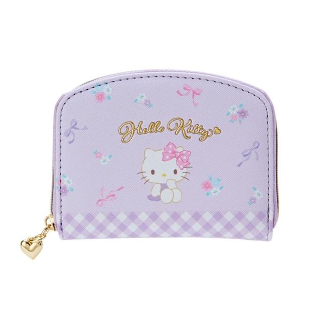 【小禮堂】Hello Kitty 皮質卡片零錢包 - 紫格子款(平輸品)
