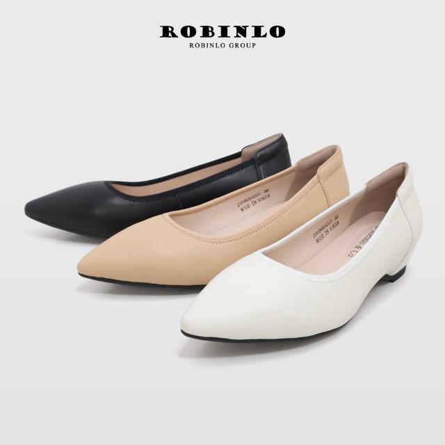 【Robinlo】真皮簡約素面尖頭小坡跟鞋MAREE(奶油白/法式黑/奶茶杏)